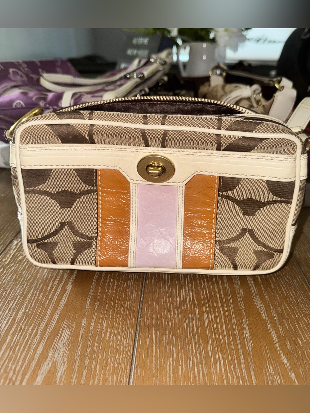 Coach Brown Signature Canvas Crossbody with Pink & Tan Stripes
